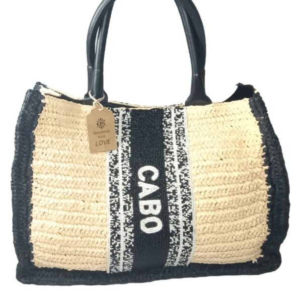 Handbags - DE SIENA CABO Raffia Tote Bag Natural & Black Beaded Bag Retail $458